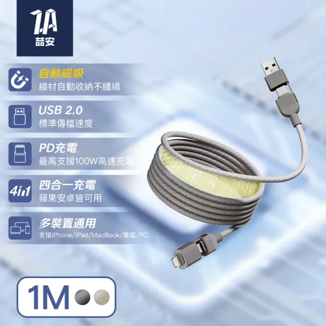 【ZA 喆安】USB2.0 四合一 Type-C to C磁吸編織充電線1m(適用iPhone 18/17/16/MacBook手機快充線)