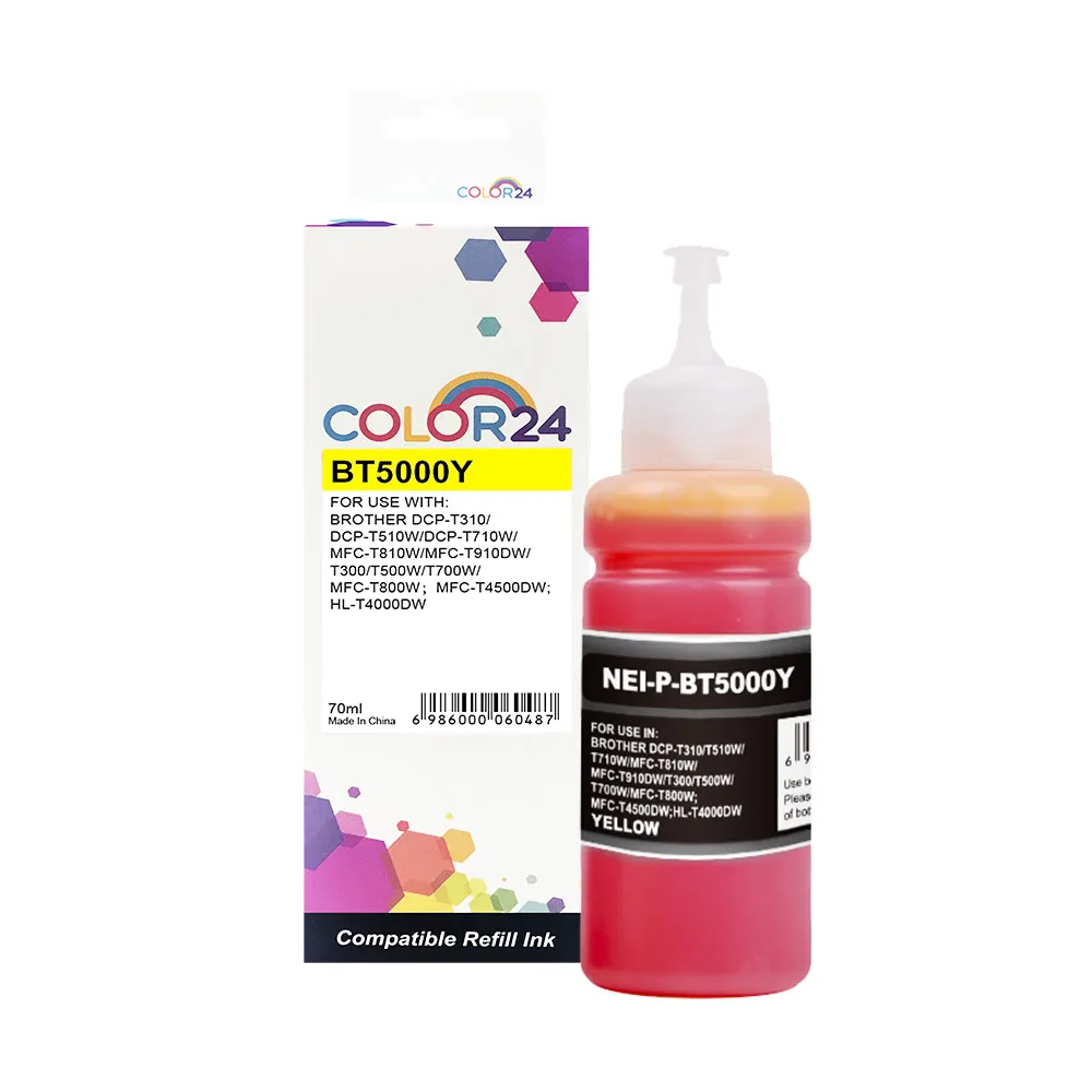 【COLOR24】for BROTHER 黃色 增量版 BT5000Y/70ml 相容連供墨水(適用 DCP-T310/T300/T510W/T500W)