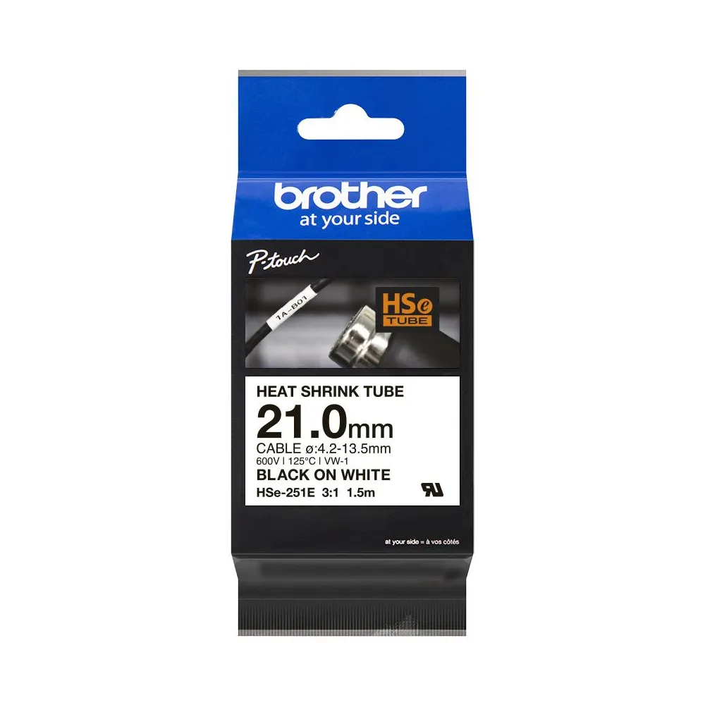【brother】官方直營 HSe-251E 原廠熱縮套管 21.0mm 白底黑字(適用:PT-E850TKW/E300/E500W/P900W/P950NW)