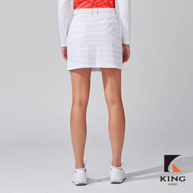 【KING GOLF】網路獨家-女款手繪建築條紋印花修身高爾夫球運動短裙-白色