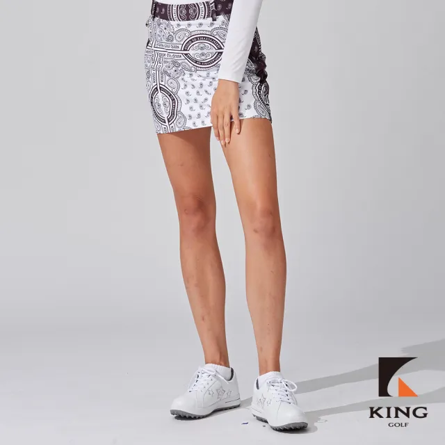 【KING GOLF】網路獨家-女款滿版變形蟲印花修身高爾夫球運動短裙-黑色