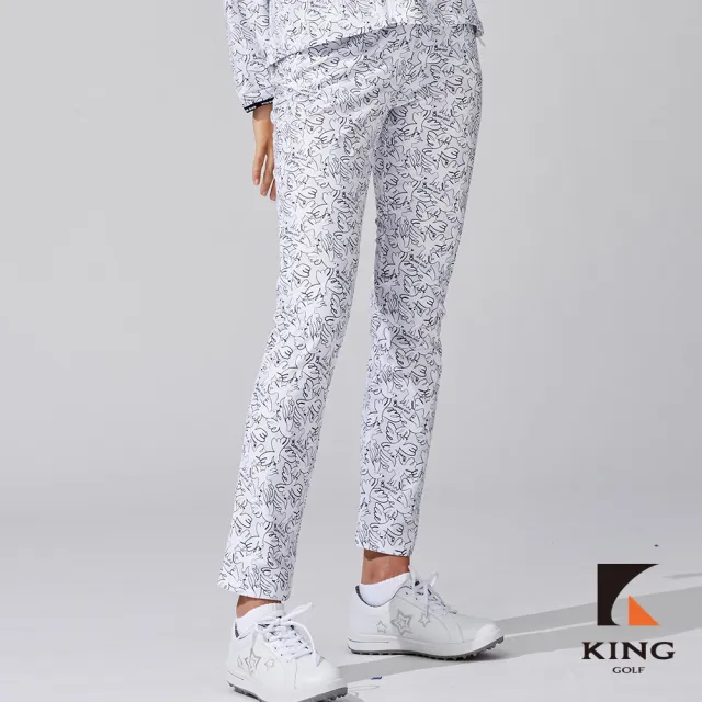 【KING GOLF】網路獨家-女款數位滿版白鳥印花修身彈力舒適高爾夫球長褲-白色