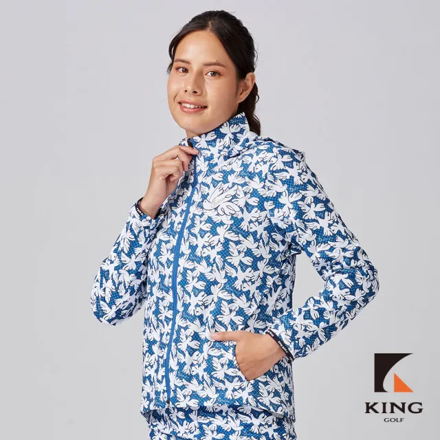 【KING GOLF】網路獨家-女款防潑水滿版白鳥印花立領拉鍊高爾夫球可收連帽夾克外套-深藍色