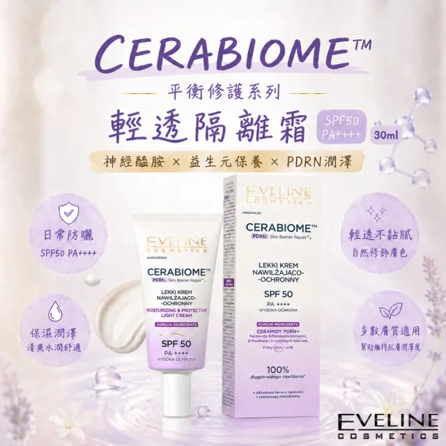 【Eveline Cosmetics】CERABIOME™ 輕透隔離霜 SPF50 PA++++ 30ml|平衡修護系列(波蘭原裝)