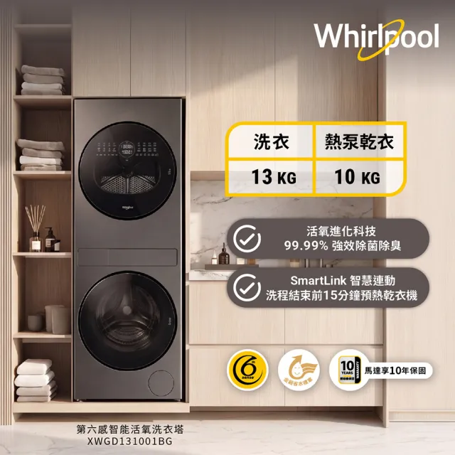 【Whirlpool 惠而浦】家電快配★第六感智能活氧洗衣塔13KG洗衣機 10KG熱泵乾衣機(XWGD131001BG)