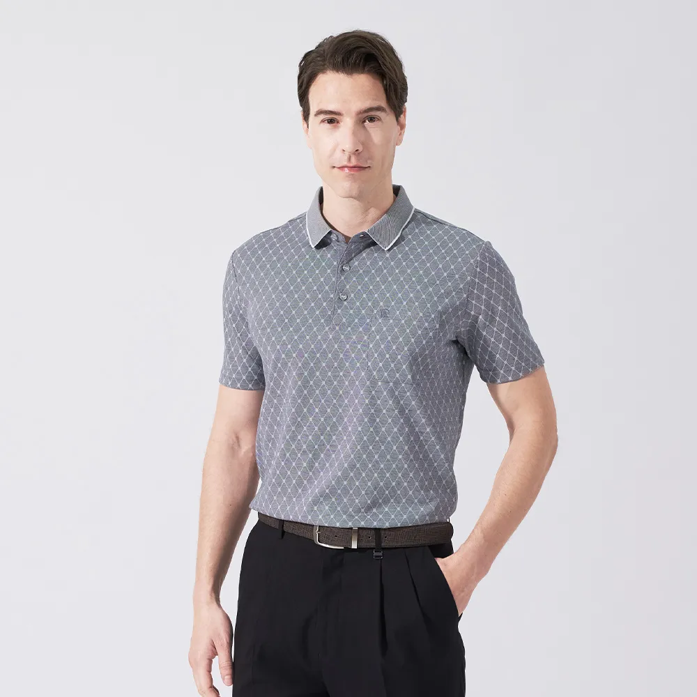【pierre cardin 皮爾卡登】休閒服飾 男款 雙色網眼布小菱格印花短袖POLO衫-灰色(5247253-98)