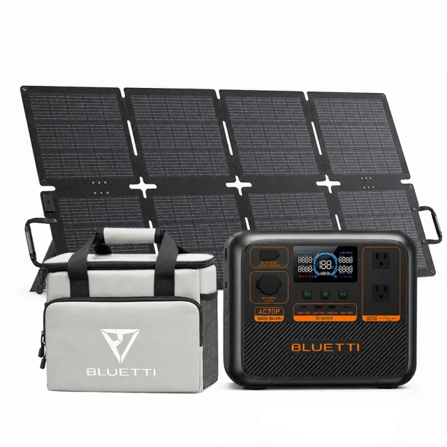 【BLUETTI】AC70P 1000W 戶外移動電源 130W太陽能板套組(移動電源 戶外電池 露營 車宿 行動電源 UPS)