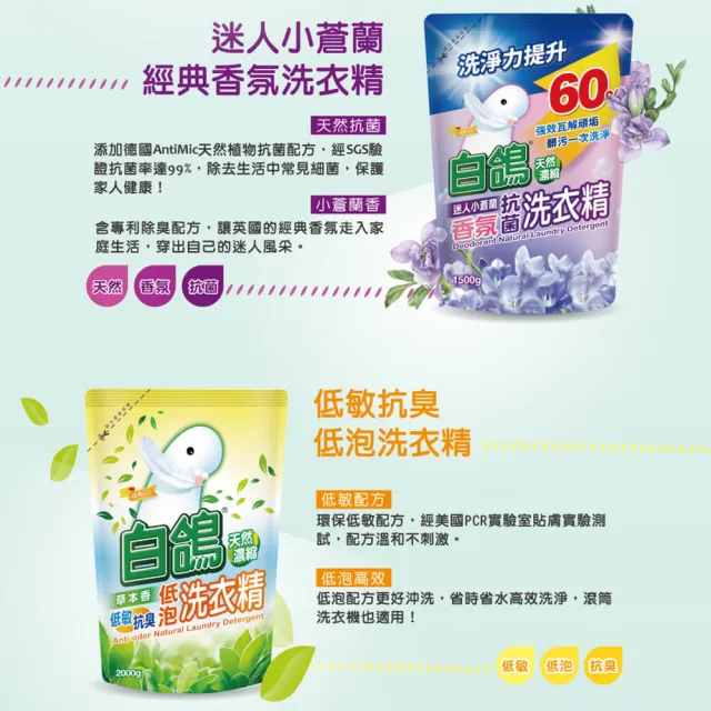 【白鴿】天然抗菌/抗病毒洗衣精補充包x6包(新升級配方上市 多款可任選)