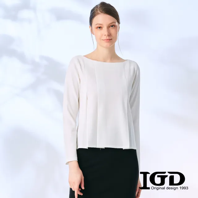 【IGD 英格麗】網路獨家特談-一字領質感打褶上衣(白色)
