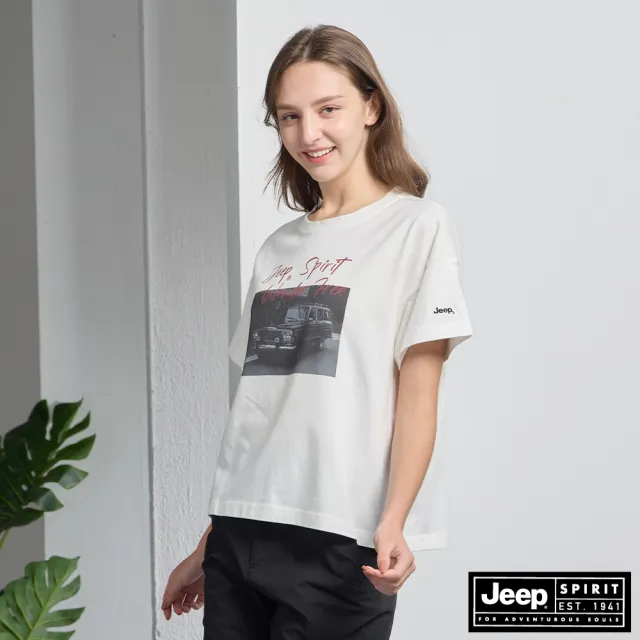 【JEEP】女裝 復古吉普車印花短袖T恤-白色