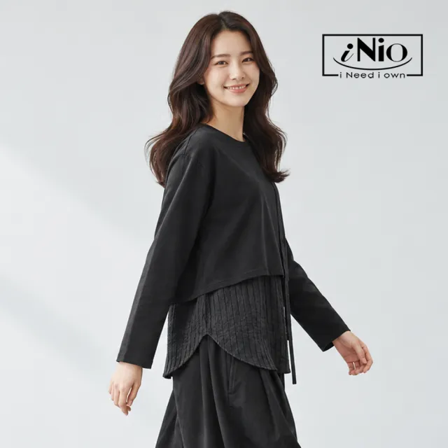 【iNio 衣著美學】異材質層次拼接長袖上衣 女假兩件圓領棉T 弧形下襬單側飄帶落肩上衣  CHW1505