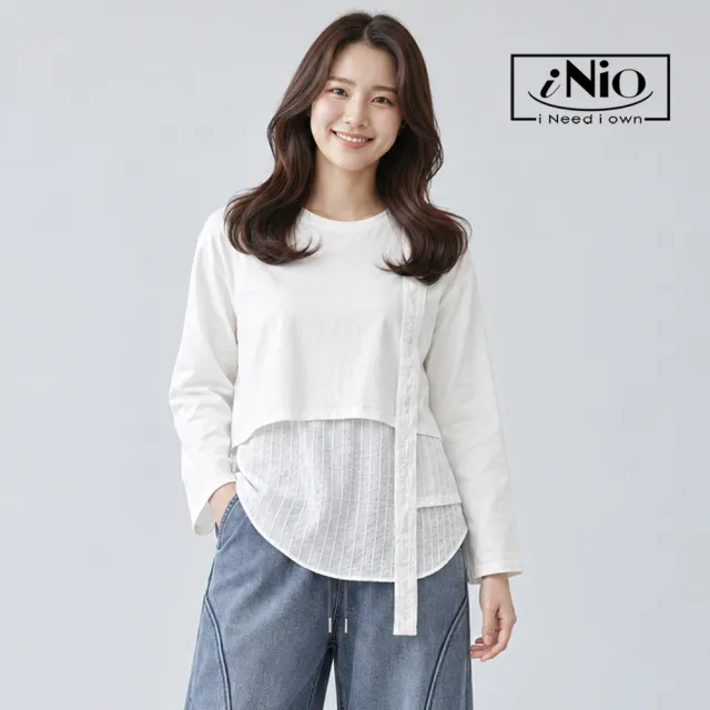 【iNio 衣著美學】異材質層次拼接長袖上衣 女假兩件圓領棉T 弧形下襬單側飄帶落肩上衣  CHW1505