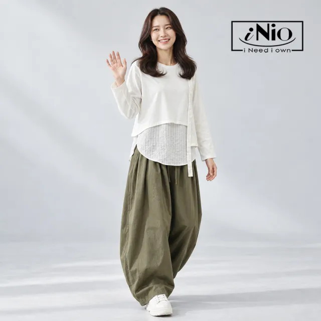 【iNio 衣著美學】打褶抽繩鬆緊腰繭型褲 女寬版微收褲腳長褲 隱形口袋休閒寬褲  CHW2506