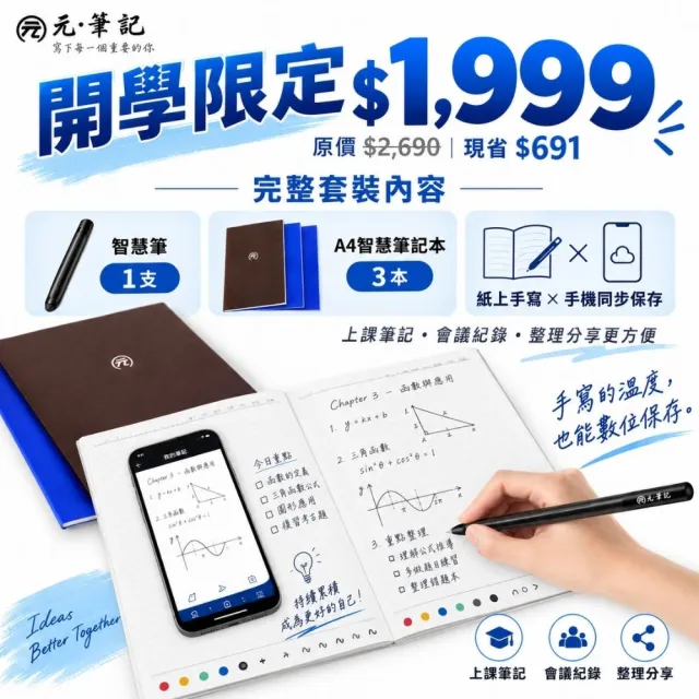 【元筆記】A4智慧筆記套裝|上課手寫同步手機|智慧筆＋A4筆記本3本