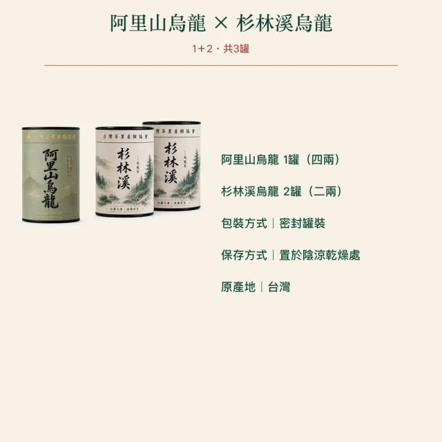 【台灣茶葉產銷協會】阿里山烏龍茶4兩＋杉林溪烏龍茶2兩 雙茶3入組｜罐裝(1+2)