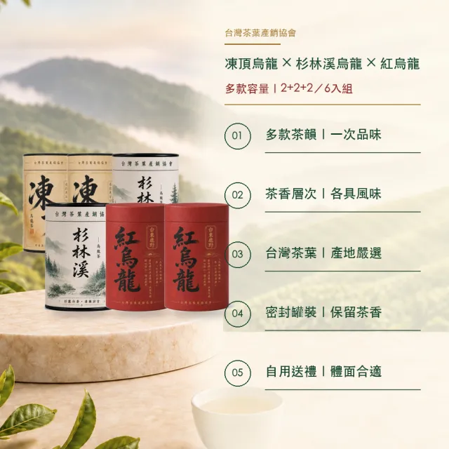 【台灣茶葉產銷協會】凍頂4兩＋杉林溪2兩＋紅烏龍4兩 三茶6入組｜罐裝(2+2+2)