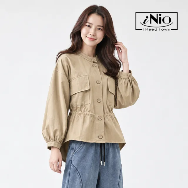 【iNio 衣著美學】前短後長抽繩收腰外套 女圓領落肩長袖外套 對稱掀蓋口袋縮口袖層次外套  CHW4501