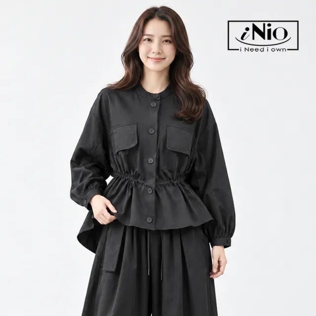 【iNio 衣著美學】前短後長抽繩收腰外套 女圓領落肩長袖外套 對稱掀蓋口袋縮口袖層次外套  CHW4501