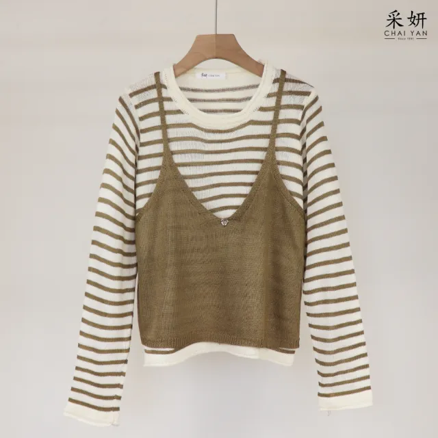 【CHAI YAN 采妍】條紋假兩件吊帶針織長袖上衣(秋冬女裝/中大尺碼/休閒/韓系/優雅)