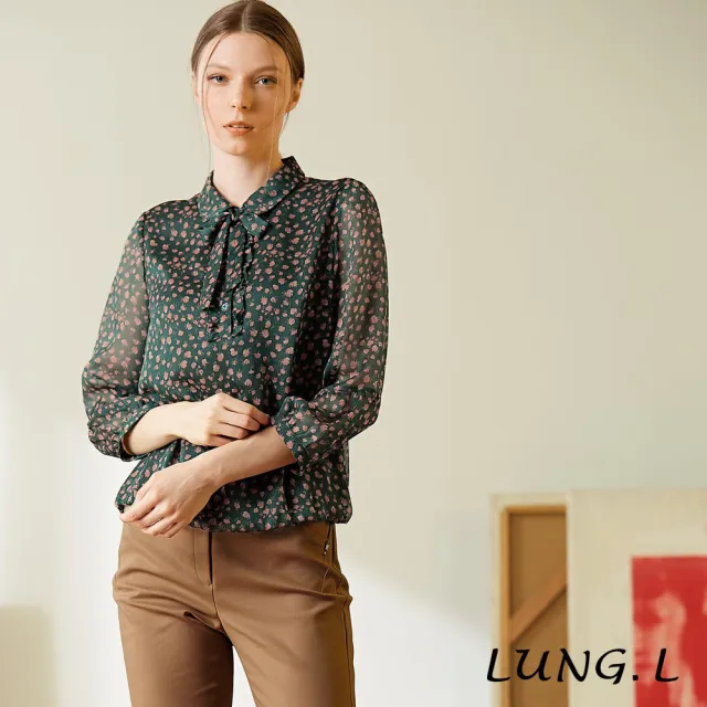【LUNG.L 林佳樺】LX58A 深綠碎花雪紡可拆式領結七分袖女裝上衣（加大尺碼）