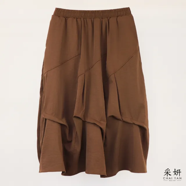 【CHAI YAN 采妍】不規則層次拼布中長裙(秋冬女裝/中大尺碼/休閒/素色/拼接)