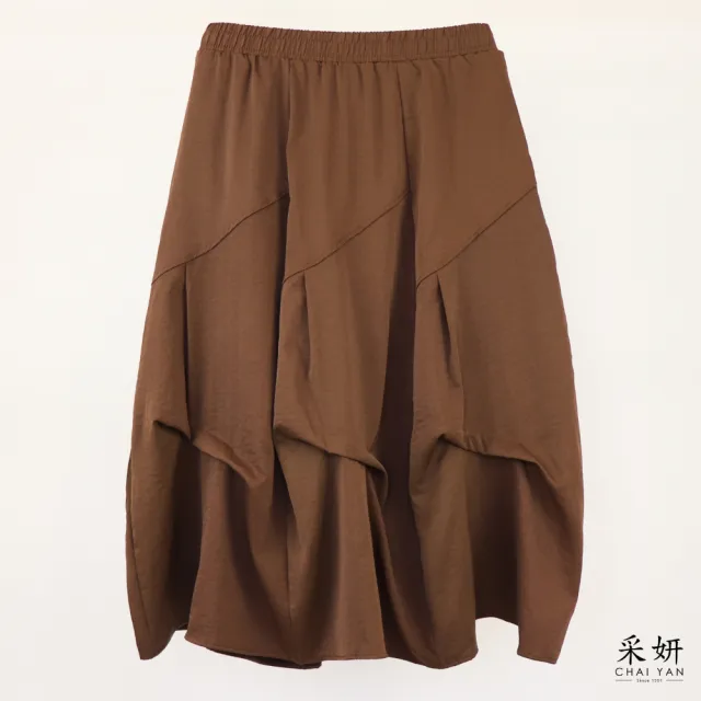 【CHAI YAN 采妍】不規則層次拼布中長裙(秋冬女裝/中大尺碼/休閒/素色/拼接)