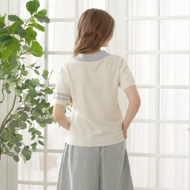 【CUMAR】學院風熊熊刺繡撞色POLO領針織上衣 白 粉 黃(魅力商品)