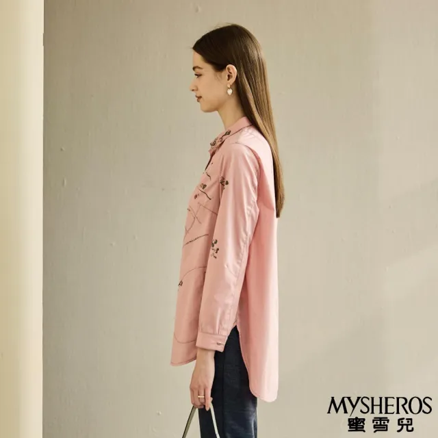 【MYSHEROS 蜜雪兒】長袖襯衫上衣 翻領排釦 亮片珠鑽飾水墨花卉(粉)