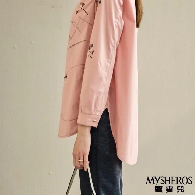 【MYSHEROS 蜜雪兒】長袖襯衫上衣 翻領排釦 亮片珠鑽飾水墨花卉(粉)