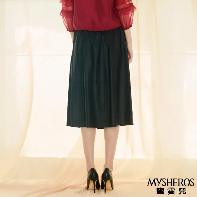 【MYSHEROS 蜜雪兒】傘狀修身七分裙 鬆緊腰頭 質感柔軟仿皮革(黑)