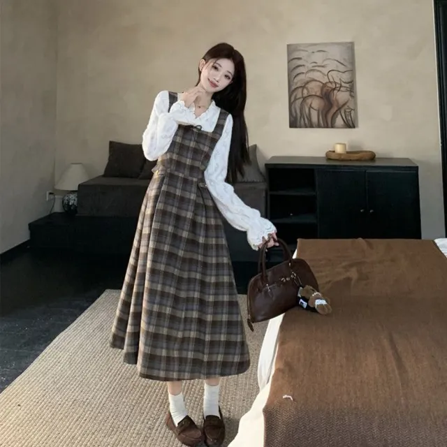 【AS 梨卡】女裝 連身長裙 中長裙 洋裝 格紋拼接 假兩件洋裝 a字長裙 收腰洋裝 VG263