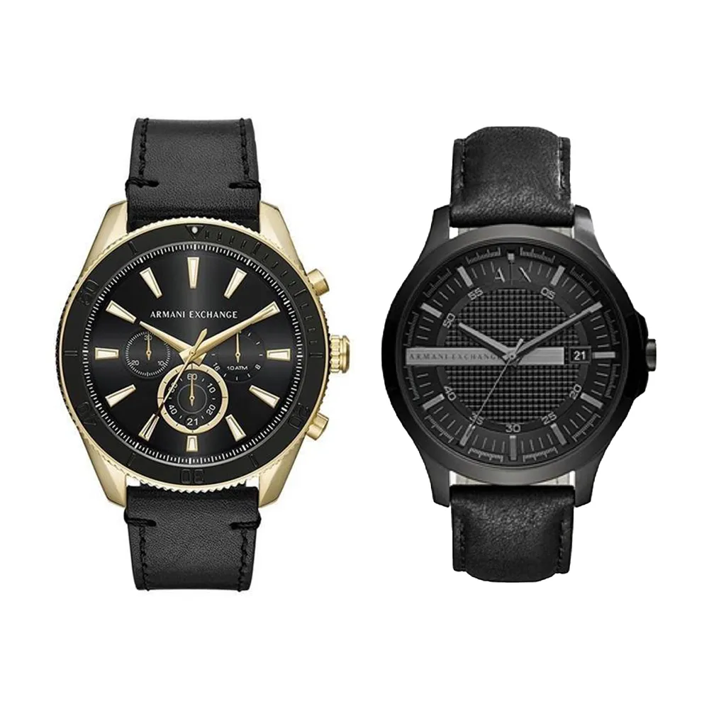【A|X Armani Exchange】AX Armani Exchange AX 金框 三眼 黑色皮革錶帶 智能計時 AX1818 男錶