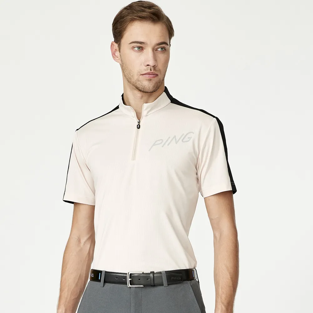 【PING】男款LOGO素面立領運動短袖POLO衫-卡其(吸濕排汗/抗UV/GOLF/高爾夫球衫/PA23128-75)