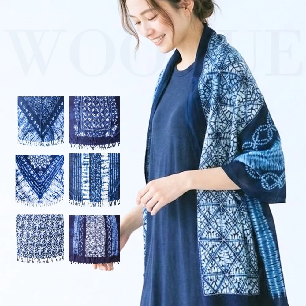 【WOONUE】日系棉麻藍染森林民族風披肩海灘巾披肩圍巾防曬披肩冷氣披巾青花瓷禮物母親媽女友老婆禮物情人節