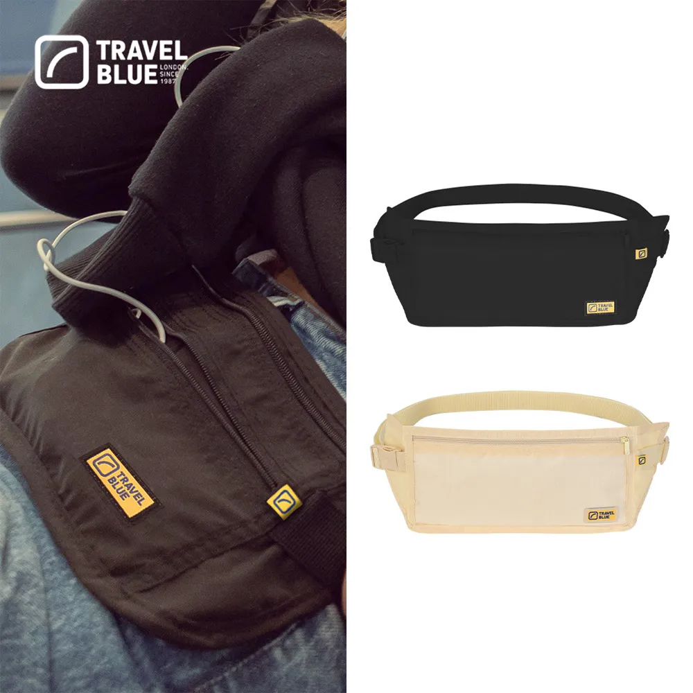 【Travel Blue 藍旅】RFID 屏蔽輕量級 超薄貼身腰包(防盜腰包 證件包 貼身包)