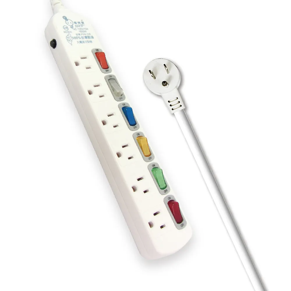 【spirit 電精靈】PSK-336A 過載防護型 6開6插電腦延長線3蕊2.0 90度插頭(6尺 符合最新安規)