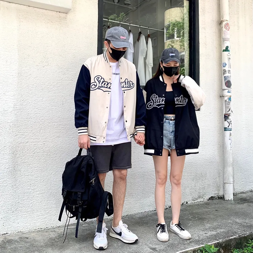【AMERO】男女款 長袖棒球外套(男女款 長袖棒球外套 美式風格 接袖印花 情侶裝)