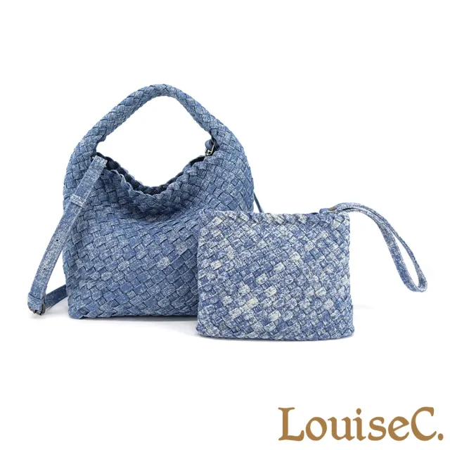 【LouiseC.】雙11 Tree House 丹寧牛仔布 附手腕帶小化妝包 刷白手工編織 手提斜背桶包 2色 CC86003