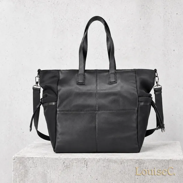 【LouiseC.】雙11 Tree House 輕盈尼龍 牛皮 中性托特TOTE 肩背斜背大防水包 黑色 CC9010-05