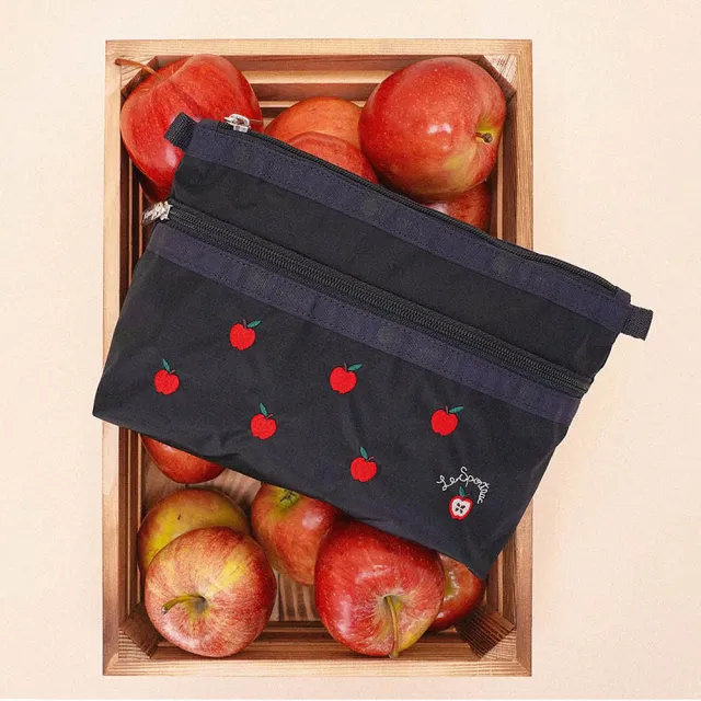 【Lesportsac】Cosmetic Clutch 雙層拉鍊化妝包 收納袋 盥洗包 女包(紅蘋果刺繡)