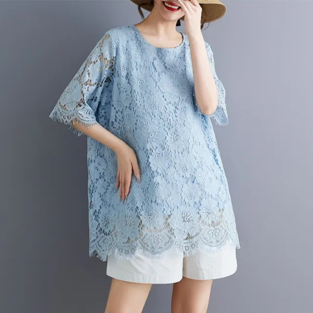 【ALLK 歐楷】新品上架 大尺碼寬鬆顯瘦蕾絲睫毛蕾絲上衣女 4色 尺寸L-XXL/中大尺碼/涼爽/透氣