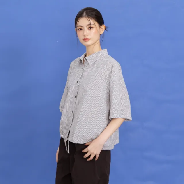 【MOSS CLUB】條紋綁帶短袖連袖休閒襯衫 藍 黑