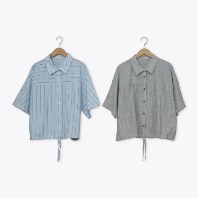 【MOSS CLUB】條紋綁帶短袖連袖休閒襯衫 藍 黑