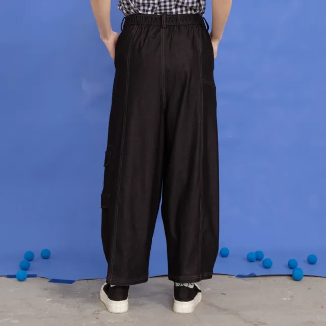 【MOSS CLUB】不對稱裝飾袋蓋繭型闊腿寬褲 藍 淺藍 黑