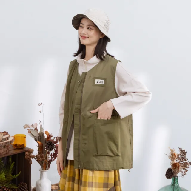 【MOSS CLUB】配色拼接工裝下擺抽繩背心 綠 灰