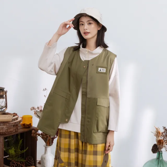 【MOSS CLUB】配色拼接工裝下擺抽繩背心 綠 灰