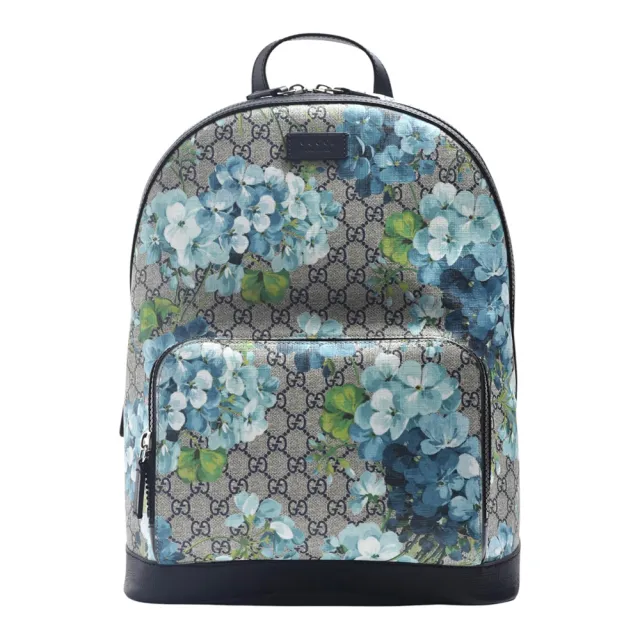 【GUCCI 古馳】經典GG Supreme帆布天竺葵花卉印花後背包(藍色)