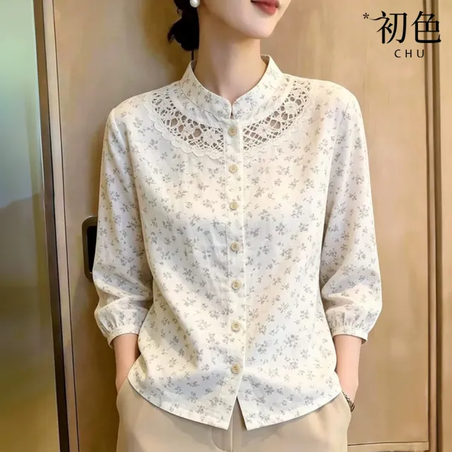 【初色】法式復古風純色立領拼接蕾絲碎花圖案單排釦七分袖上衣女上衣-白色-54148(M-2XL可選)