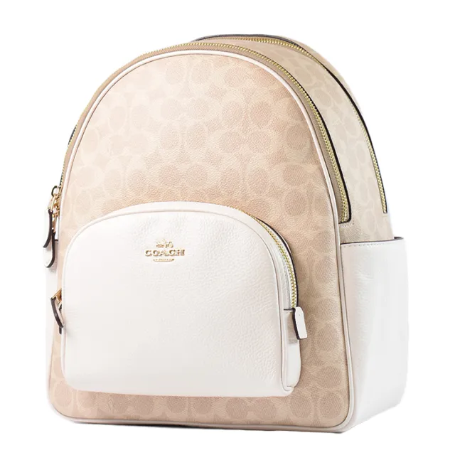 【COACH】緹花LOGO雙側置物拉鍊後背包-灰褐