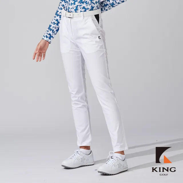 【KING GOLF】網路獨家-女款拼接鉚釘造型綴飾修身彈力舒適高爾夫球長褲-白色